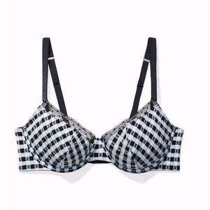 Savage X Fenty Gingham Remix Unlined Plunge Bra Black White Logo Size 32D  NWT